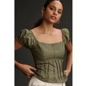 Anthropologie Green Puff Sleeve Corset Peplum Square Neck Top Size XL